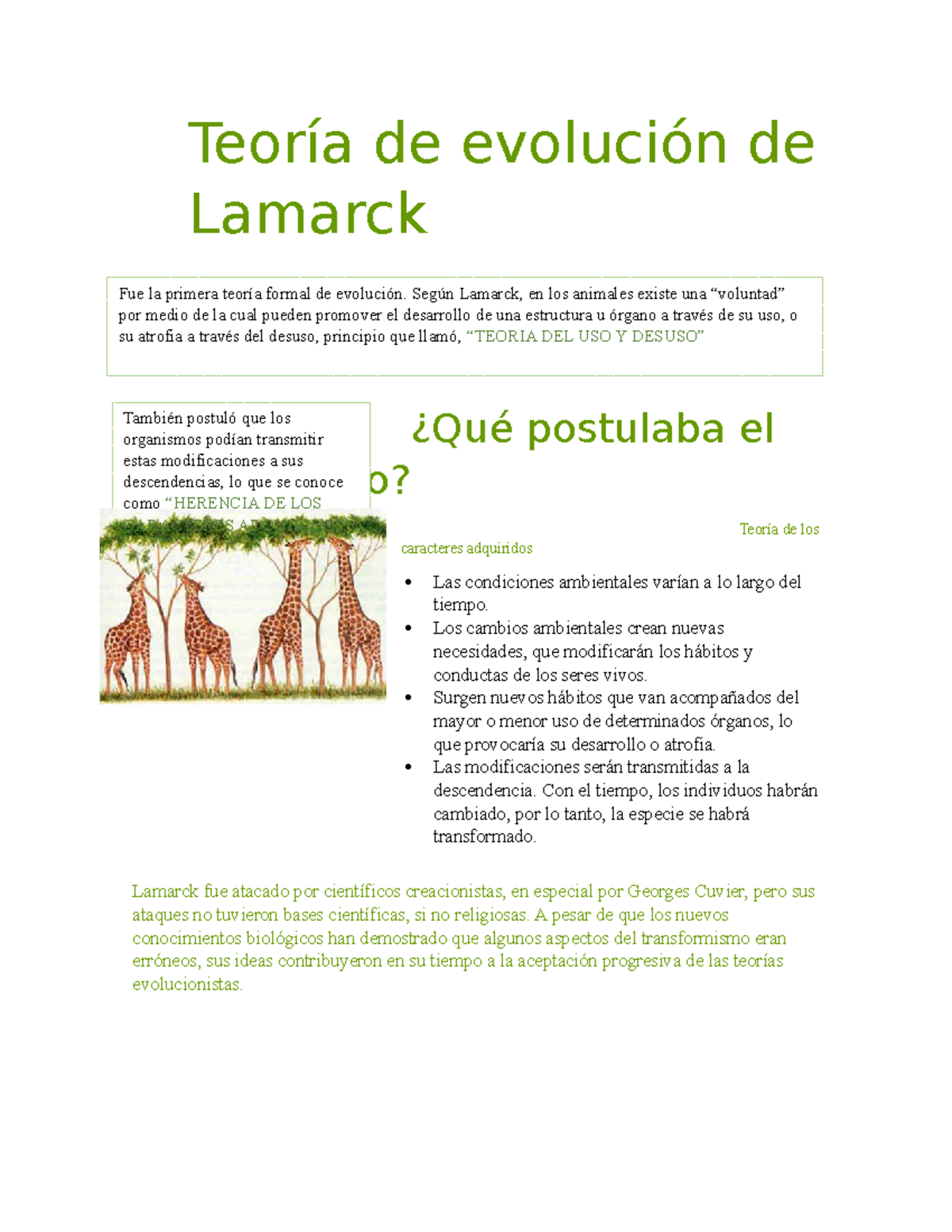 Resumen Biología - Teoría de evolución de Lamarck ¿Qué postulaba el ...
