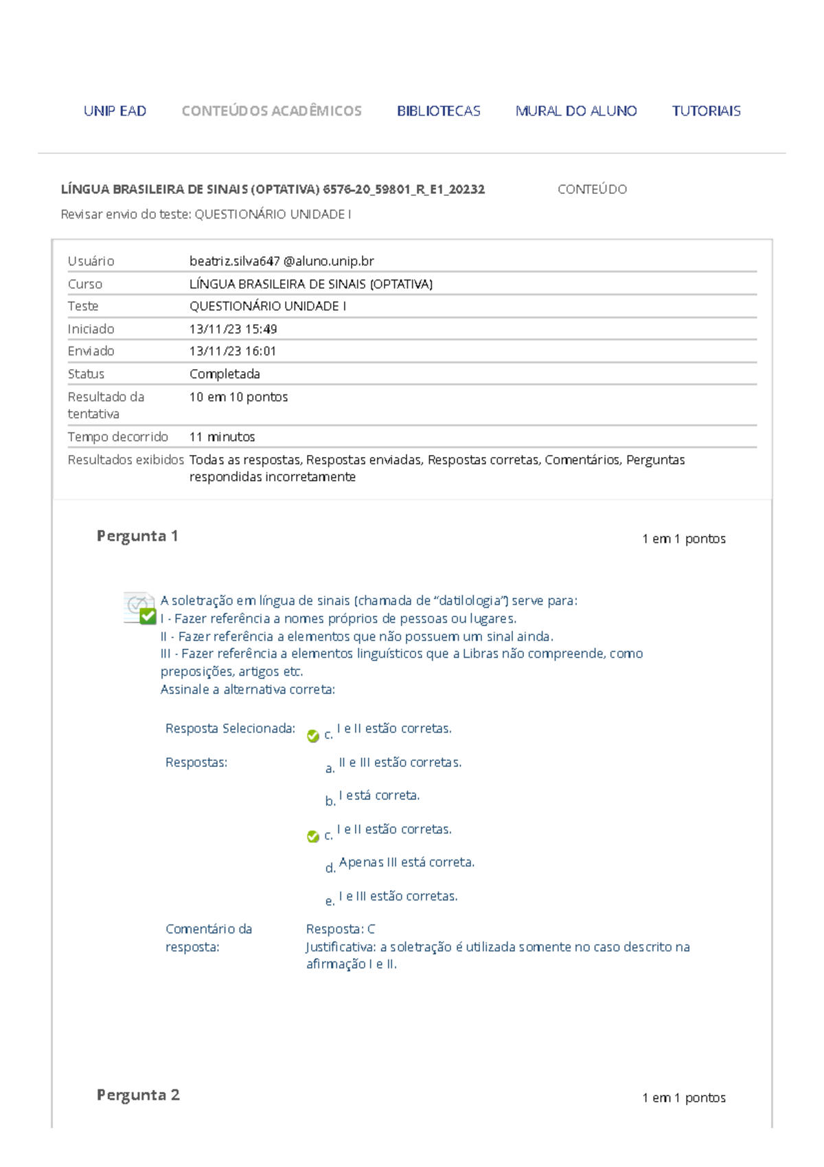 Língua Brasileira DE Sinais ( Optativa) Questionário Unidade I ...