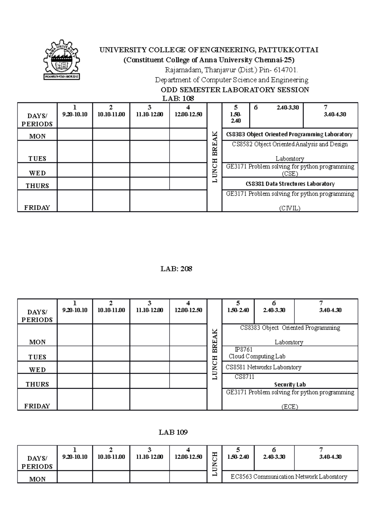 TIME Table ODD LAb - sdfas - UNIVERSITY COLLEGE OF ENGINEERING ...