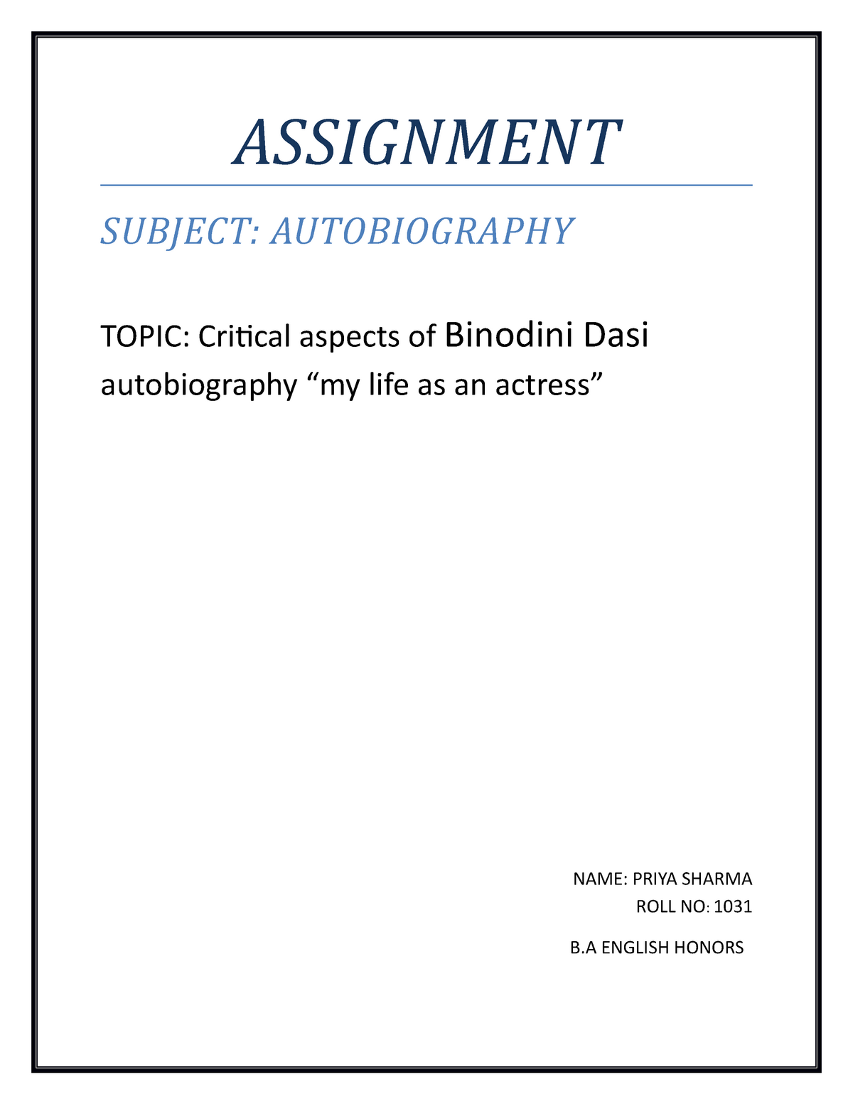 Critical Analysis Of Binodini Dasi English Literature Lit 005 Studocu