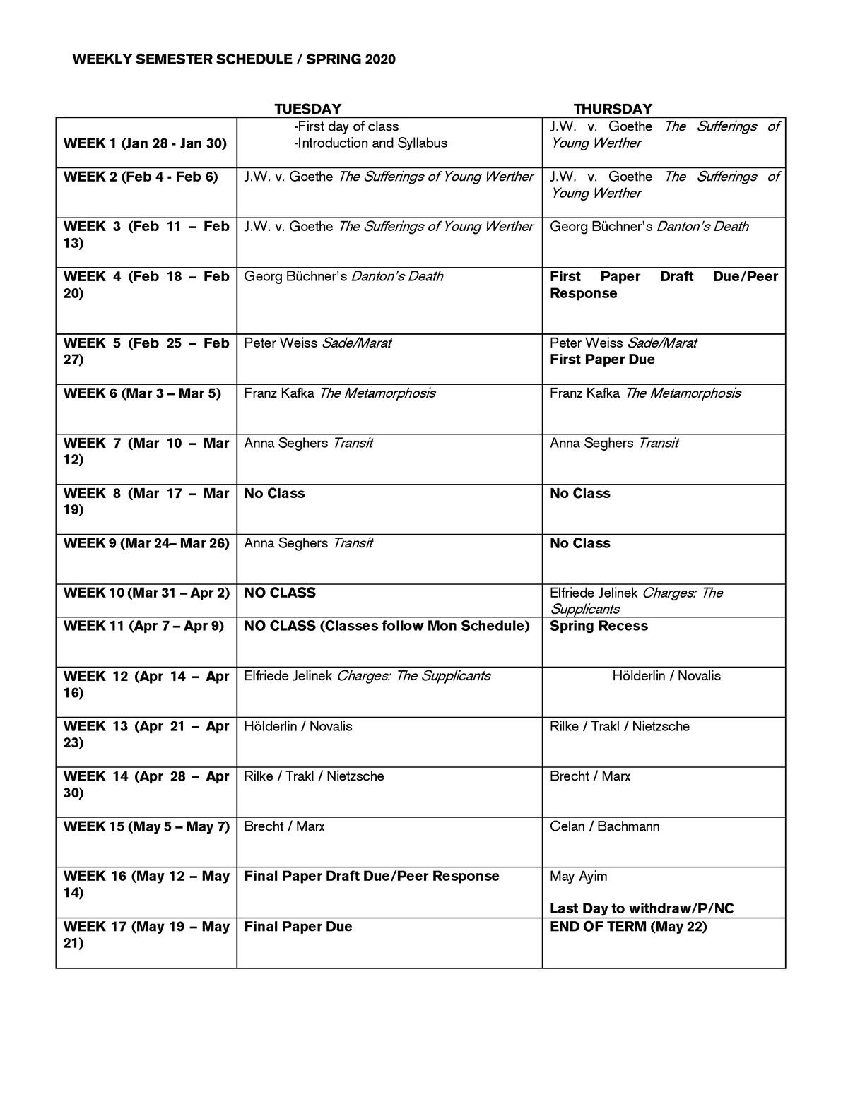 Weekly schedule - syllabus - WEEKLY SEMESTER SCHEDULE / SPRING 2020 ...