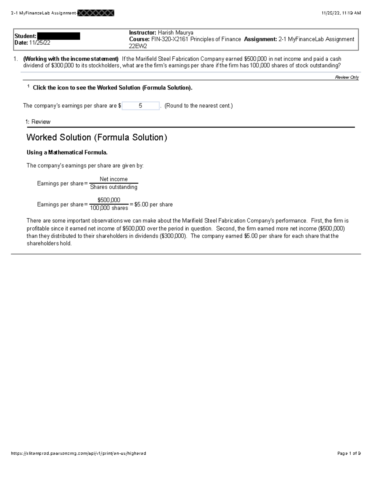 21 My Finance Lab Assignment 1. Student Date 11/25/ Instructor