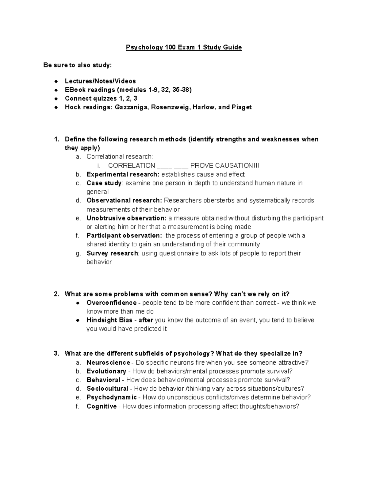 Psychology 100 Exam 1 Study Guide - Pscholog 100 Eam 1 Stud Guide Be ...