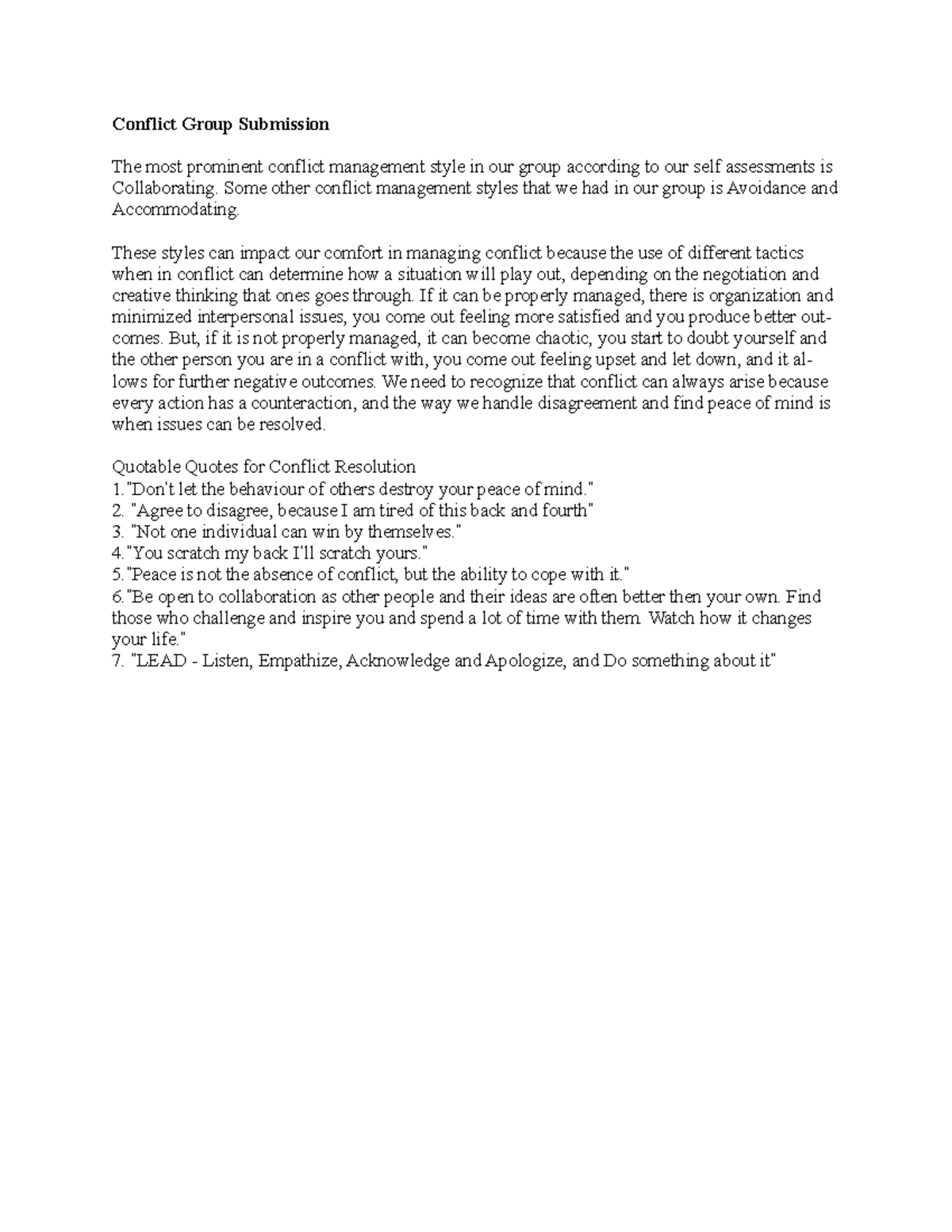 Conflict assignment (1) - Conflict Group Submission The most prominent ...