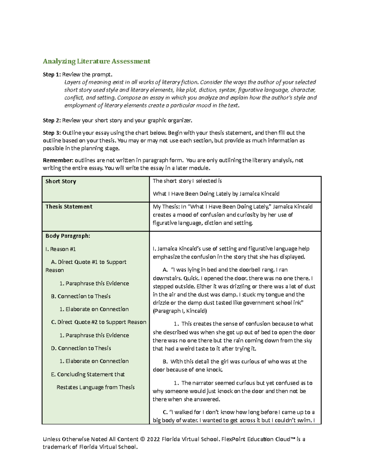 Analyzing literature assess rubric - Analyzing Literature Assessment ...