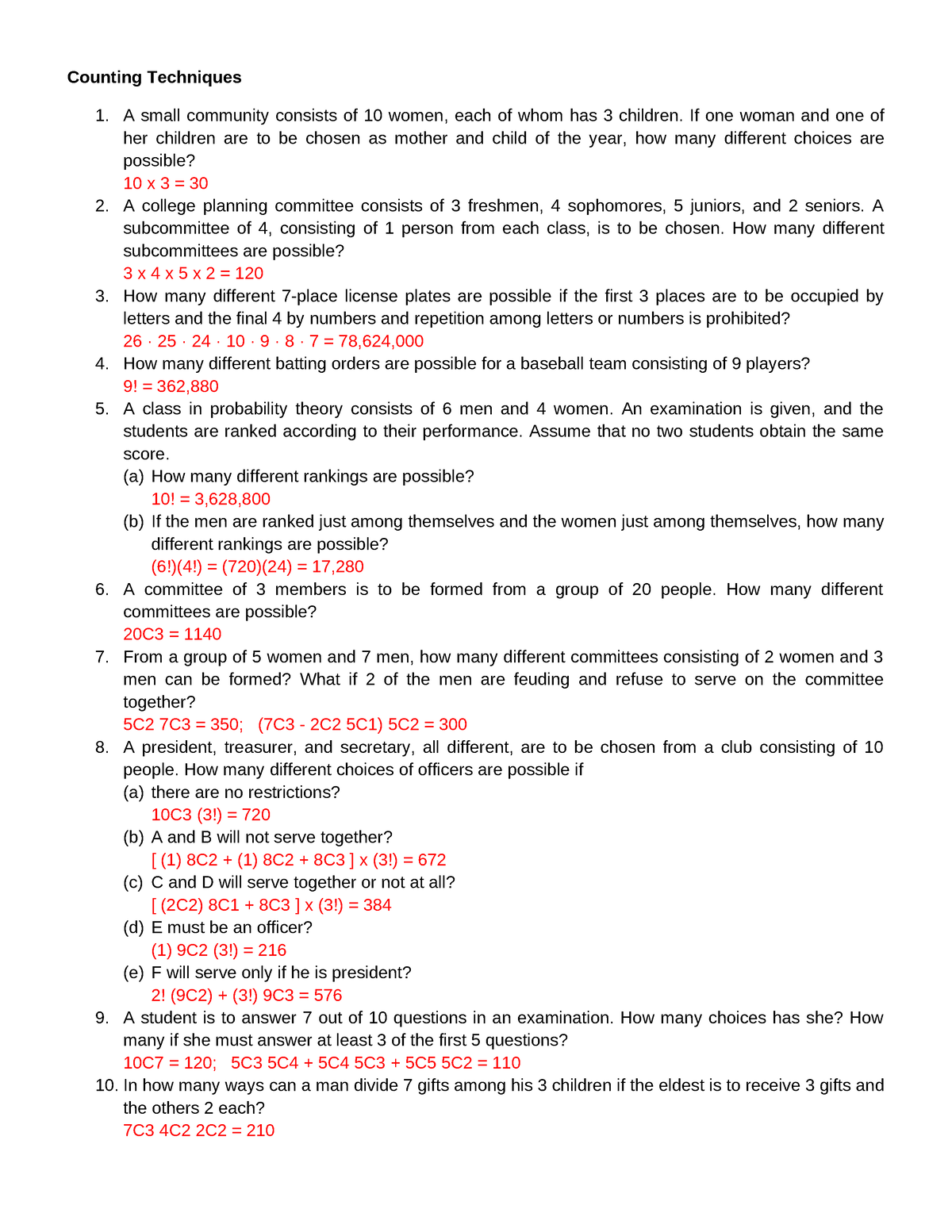 Chapter 1 Exercises with answers - Counting Techniques A small ...