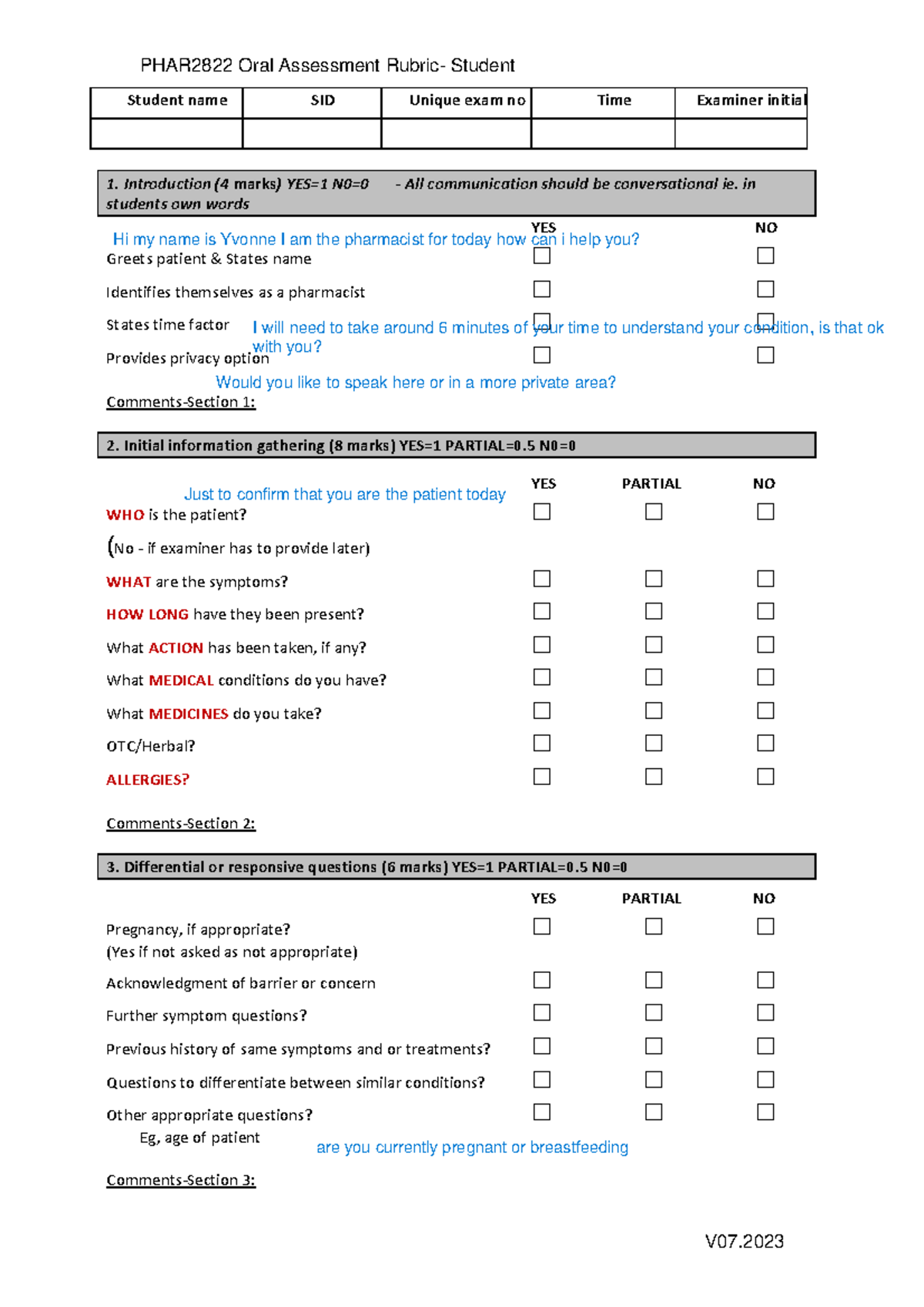 PHAR2822 PP2 Rubric.Oral assessment guide 07 - PHAR2822 Oral Assessment ...