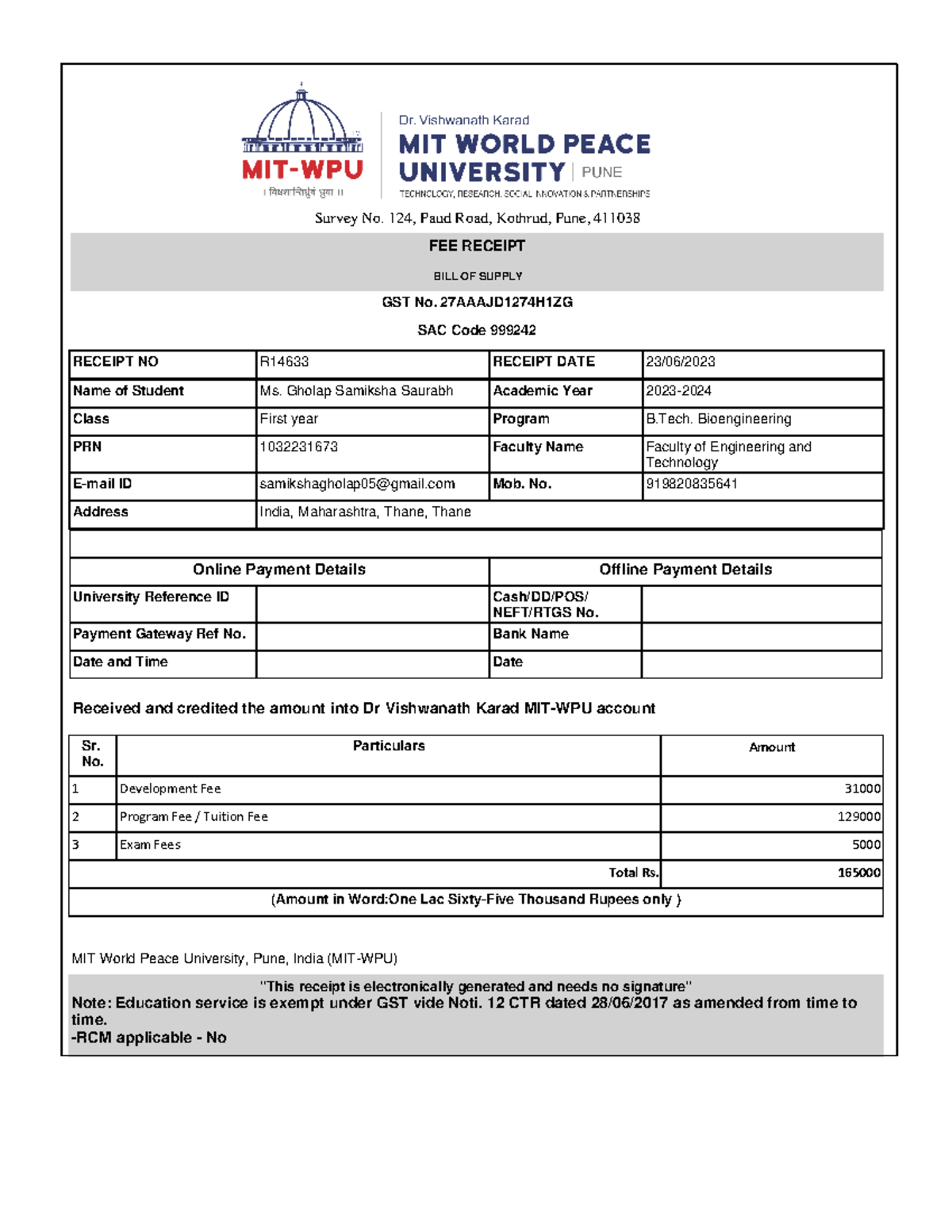 Online Fee Recipt Mitwpu - Sr. No. Particulars Amount 1 Development Fee ...