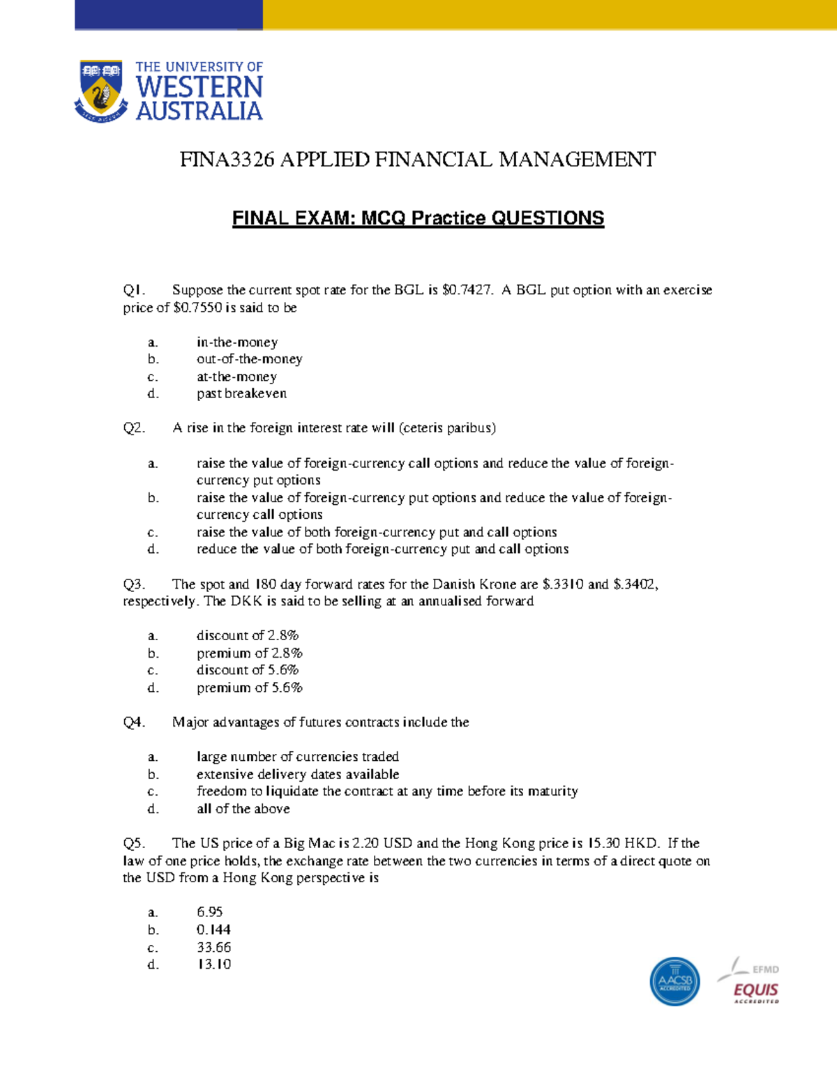 Final Exam MCQ Practice Questions FINA3326 APPLIED FINANCIAL