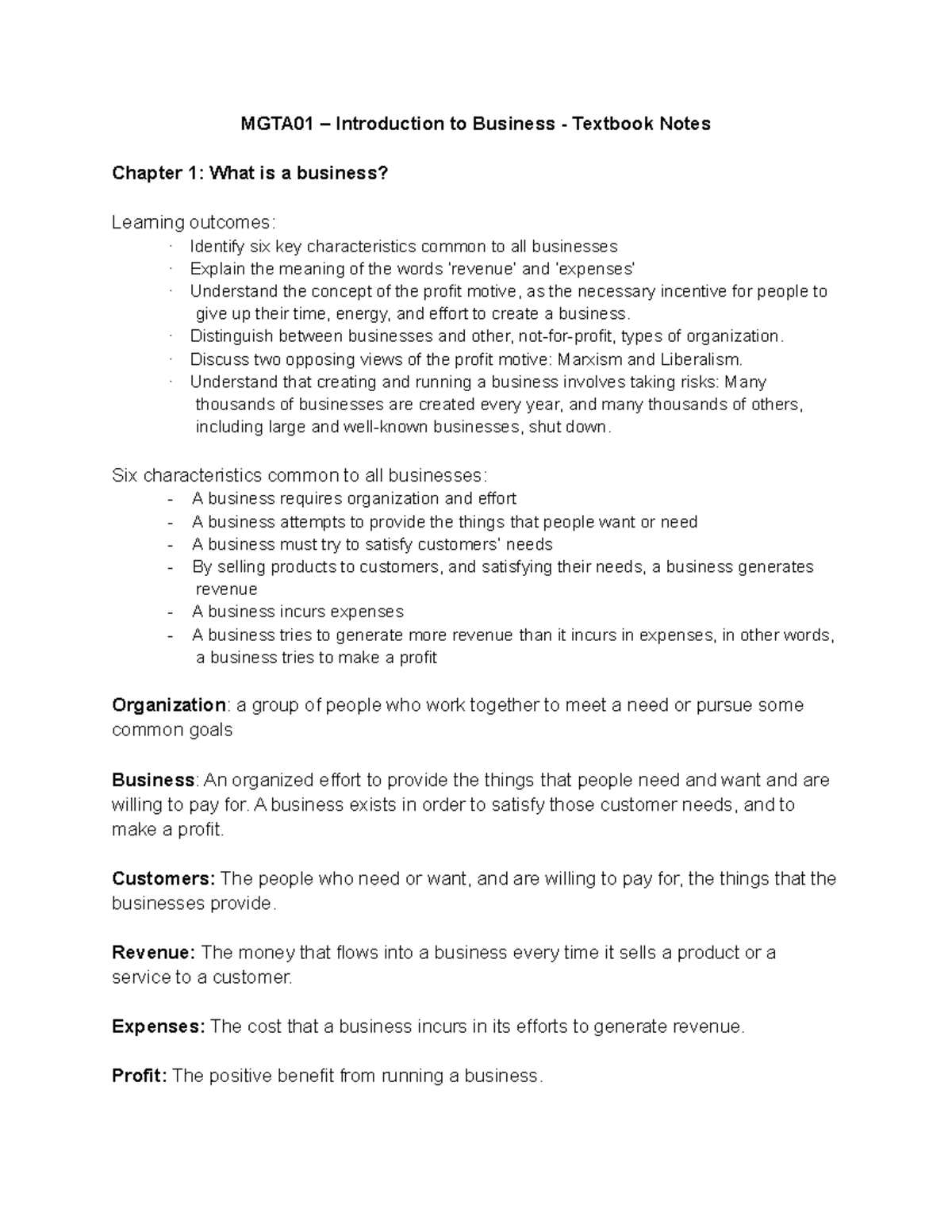 MGTA01 – Introduction To Business - Textbook Notes - · Distinguish ...