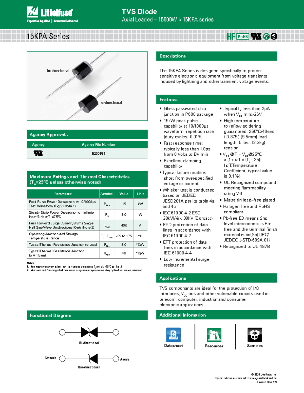 Littelfuse TVS Diode 15KPA Datasheet Pdf-606074 - © 2020 Littelfuse ...