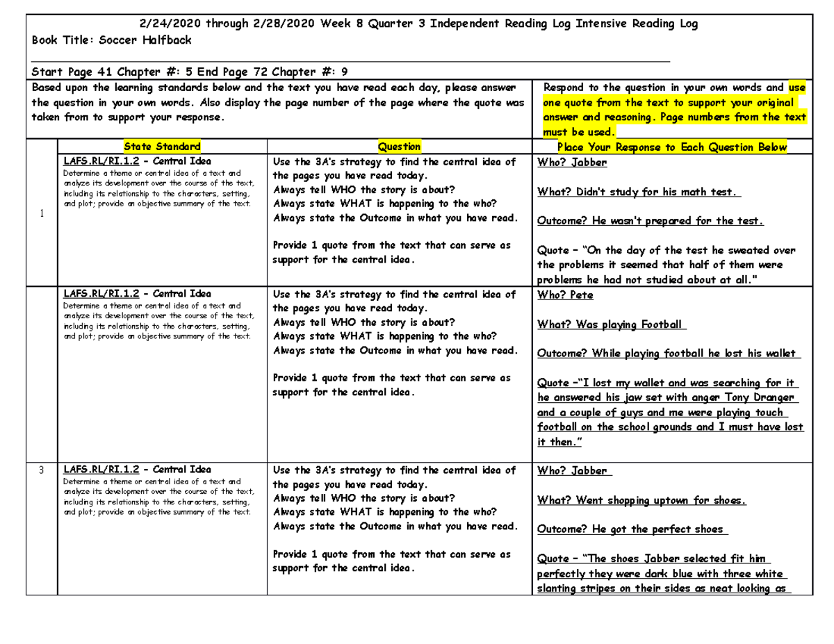 reading log assignment