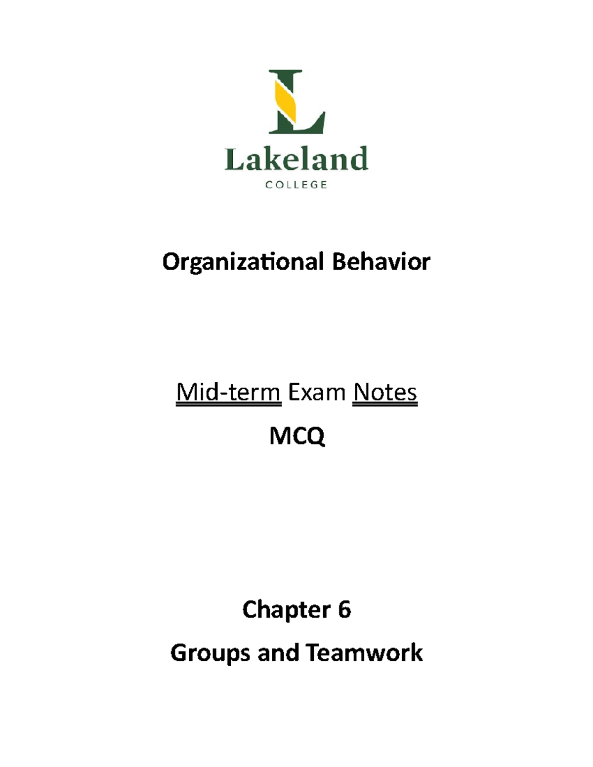 Organizational Behaviour Chap 6 Midterm Exam MCQ and Definitations - BA ...