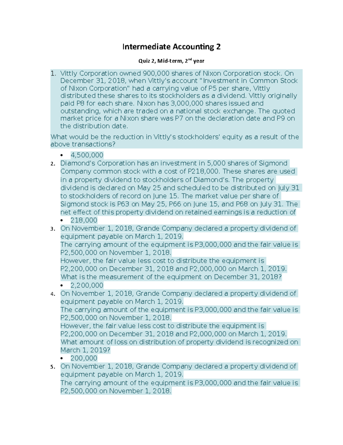 Intermediate Accounting 2 Quiz 2, Mid-term - Intermediate Accounting 2 ...