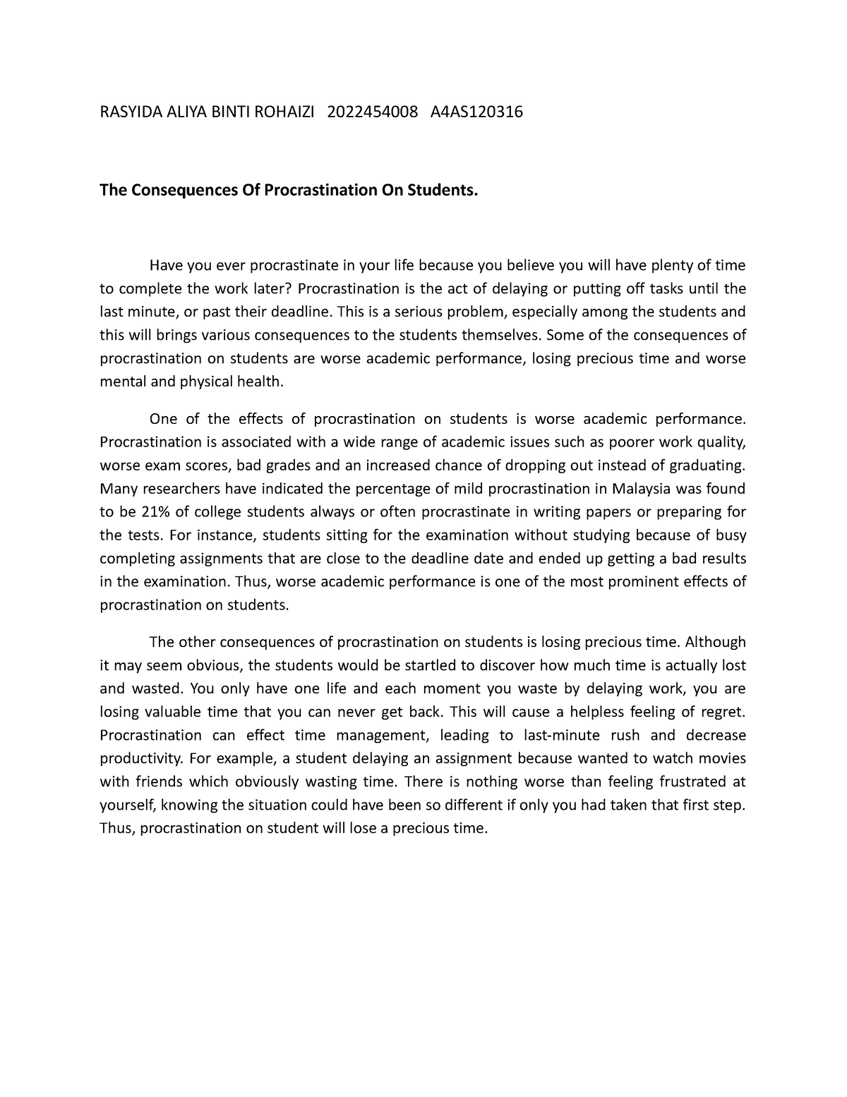 consequences of procrastination on students essay
