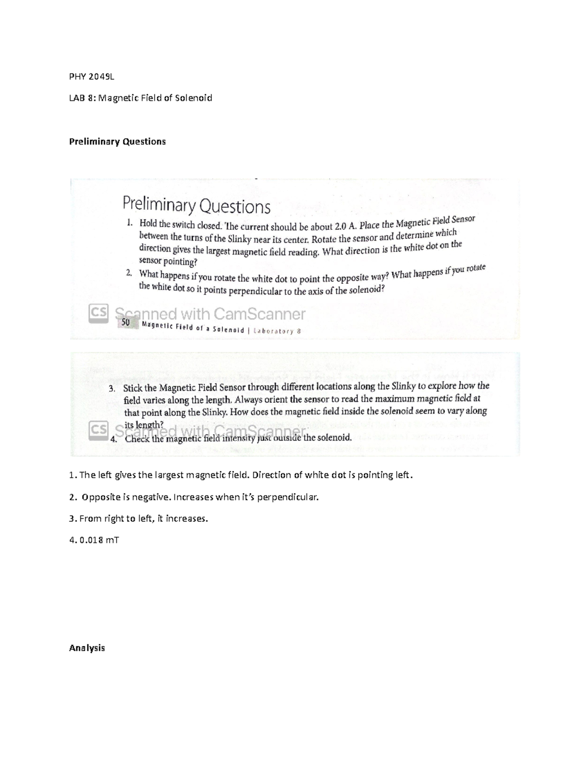 PHY 2049L lab 8 Lab Report PHY 2049L LAB 8 Field of Solenoid Preliminary Questions
