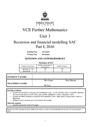 Maths Methods Calculus and Antidifferentiation SAC - Details about SAC ...