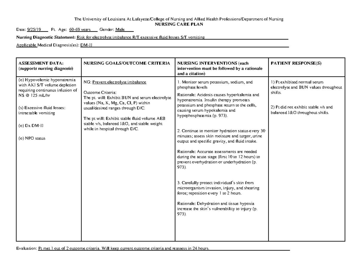 Careplan week 5, - The University of Louisiana At Lafayette/College of ...