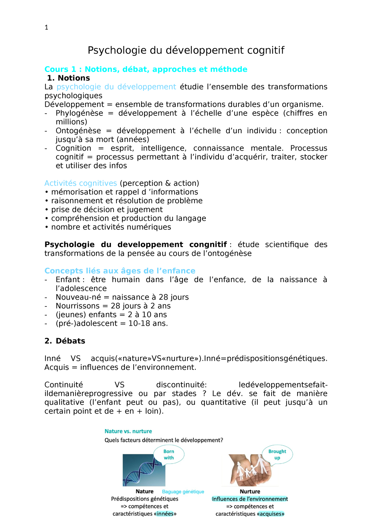 Resume Dev Cognitif - Psychologie Du Développement Cognitif Cours 1 ...