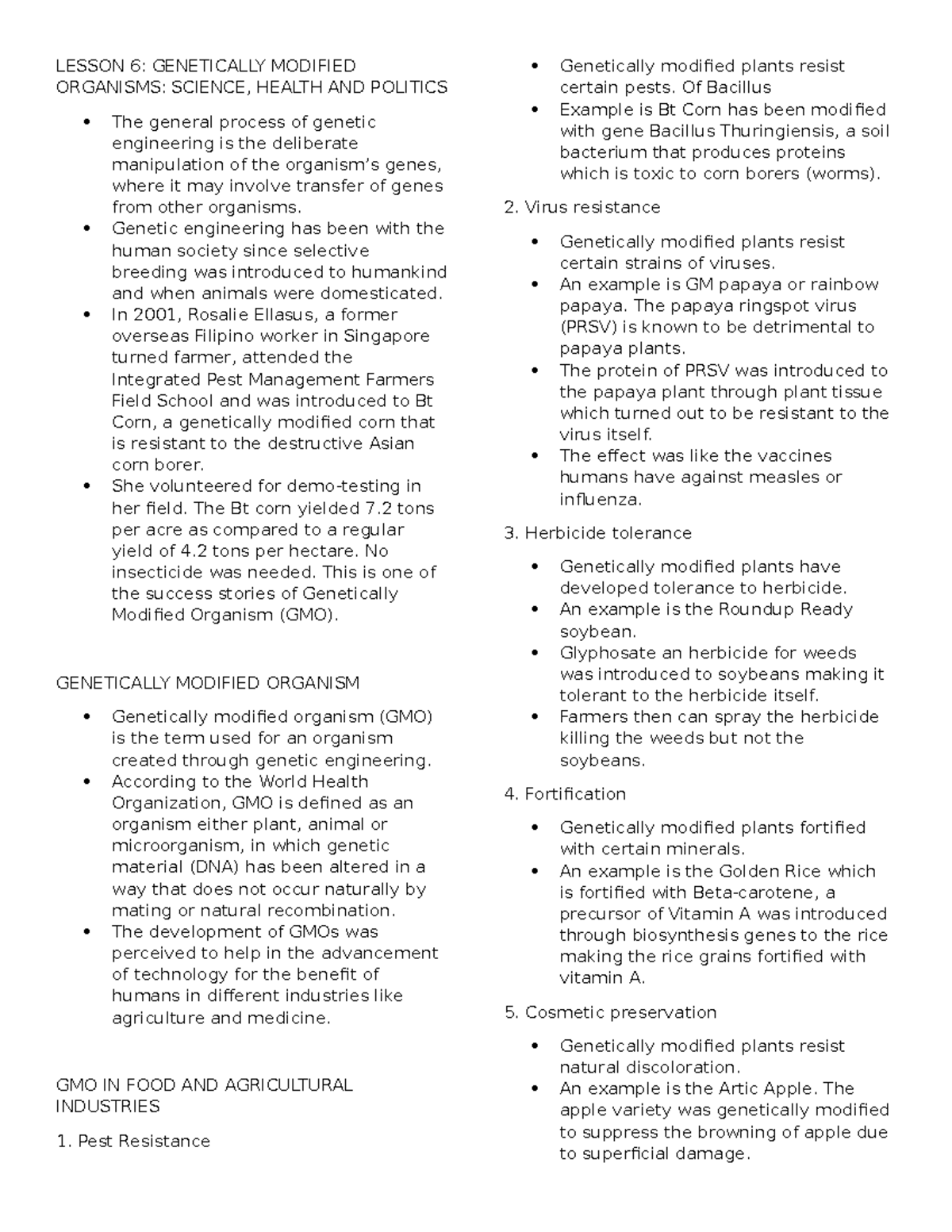 Lesson-6-GMO - Lecture Summary - GMO - LESSON 6: GENETICALLY MODIFIED ...