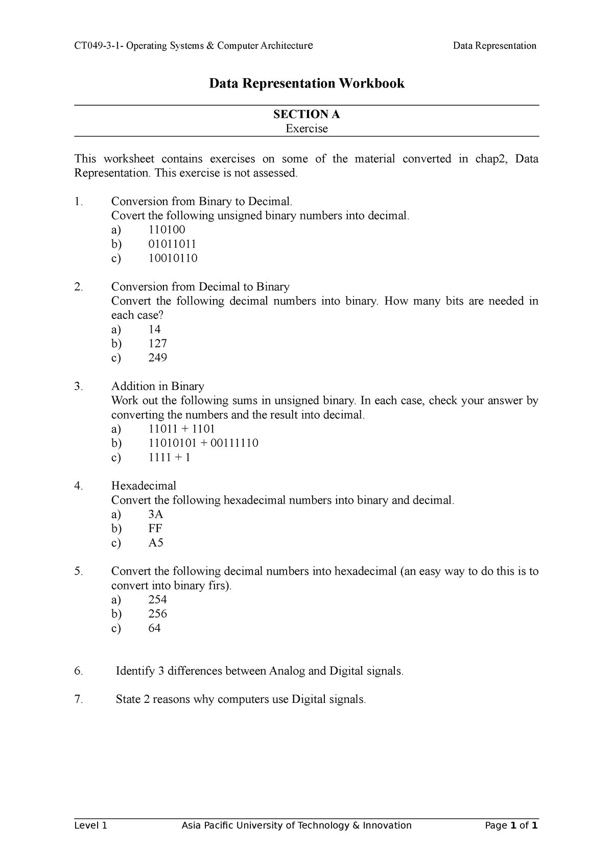 03 Data Representation Workbook - Ct049-3-1- Operating Systems 