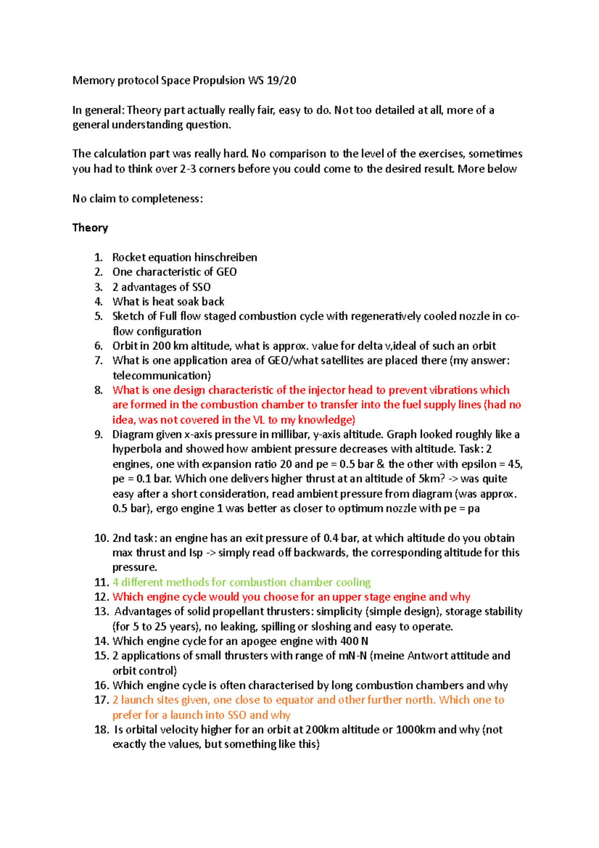 Memory protocol Space Propulsion WS 19 - Not too detailed at all, more ...