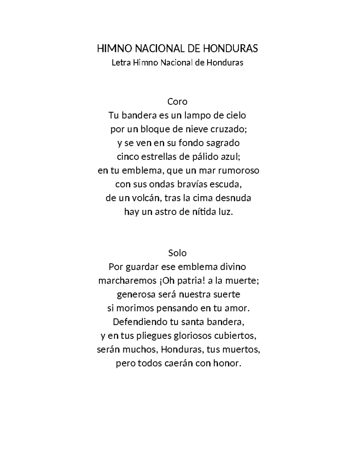 Himno Nacional DE Honduras - HIMNO NACIONAL DE HONDURAS Letra Himno ...