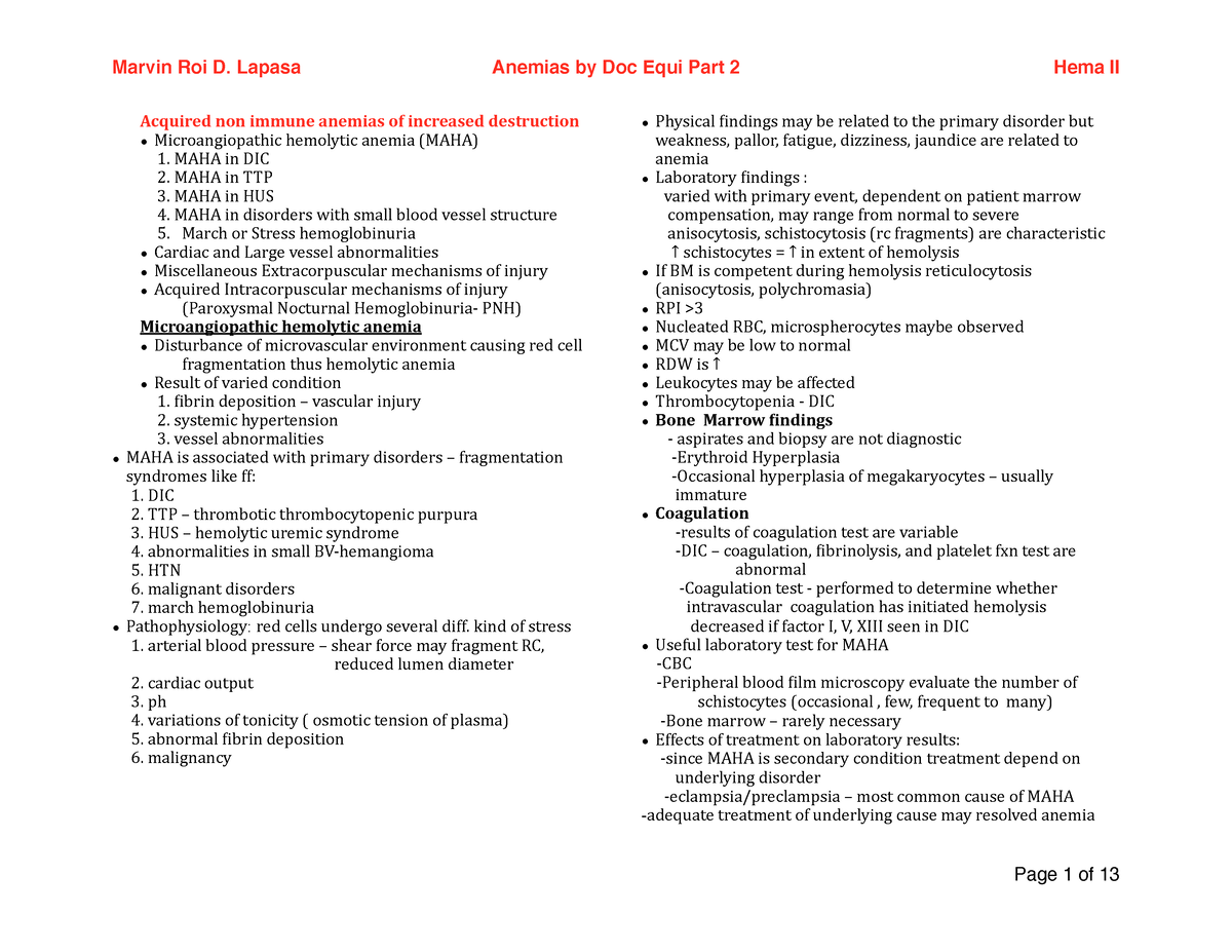 Anemias Part 2 By Doc Equi PDF - Acquired non immune anemias of ...