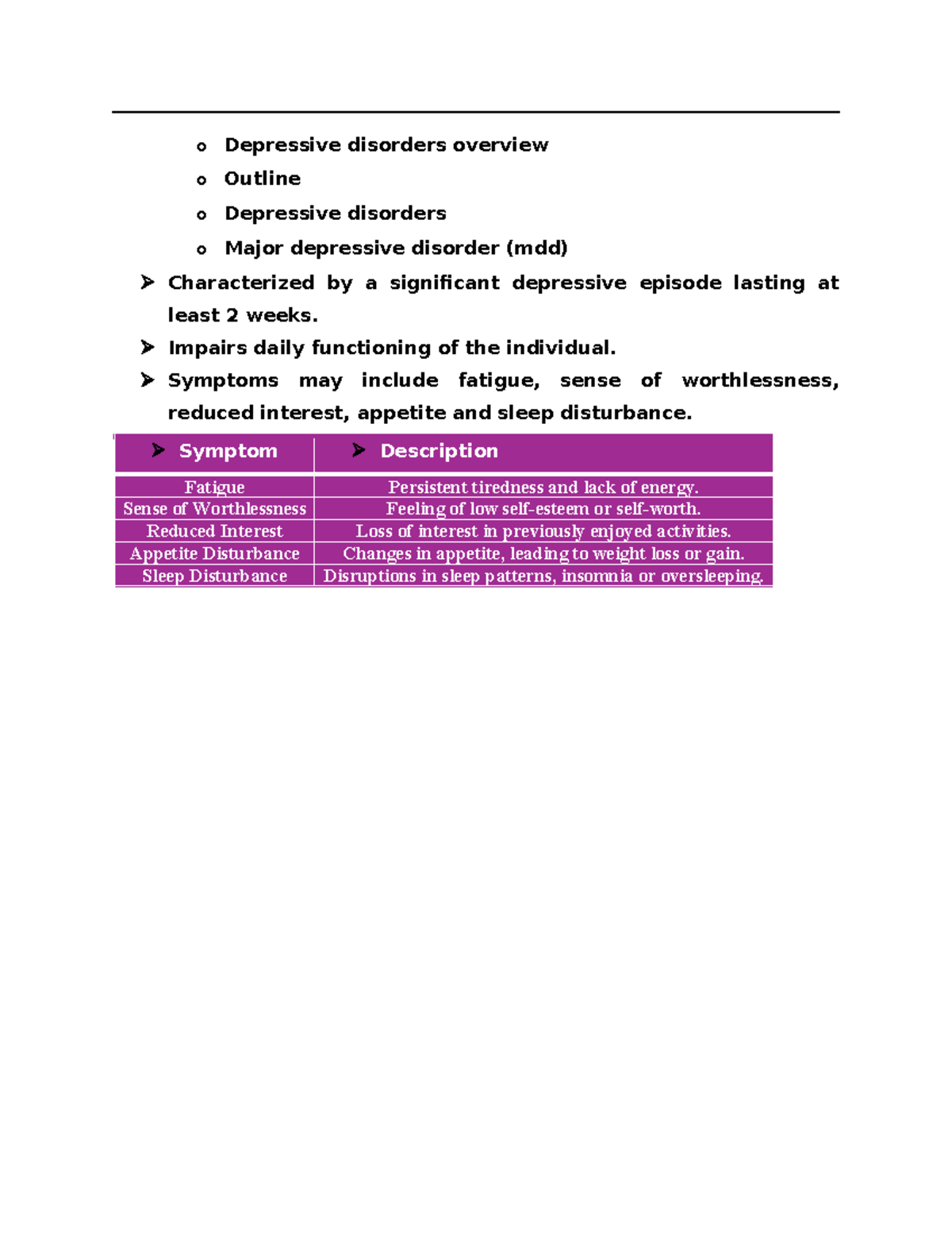 Psy study guide - Characteristics of Major Depressive Disorder (MDD ...