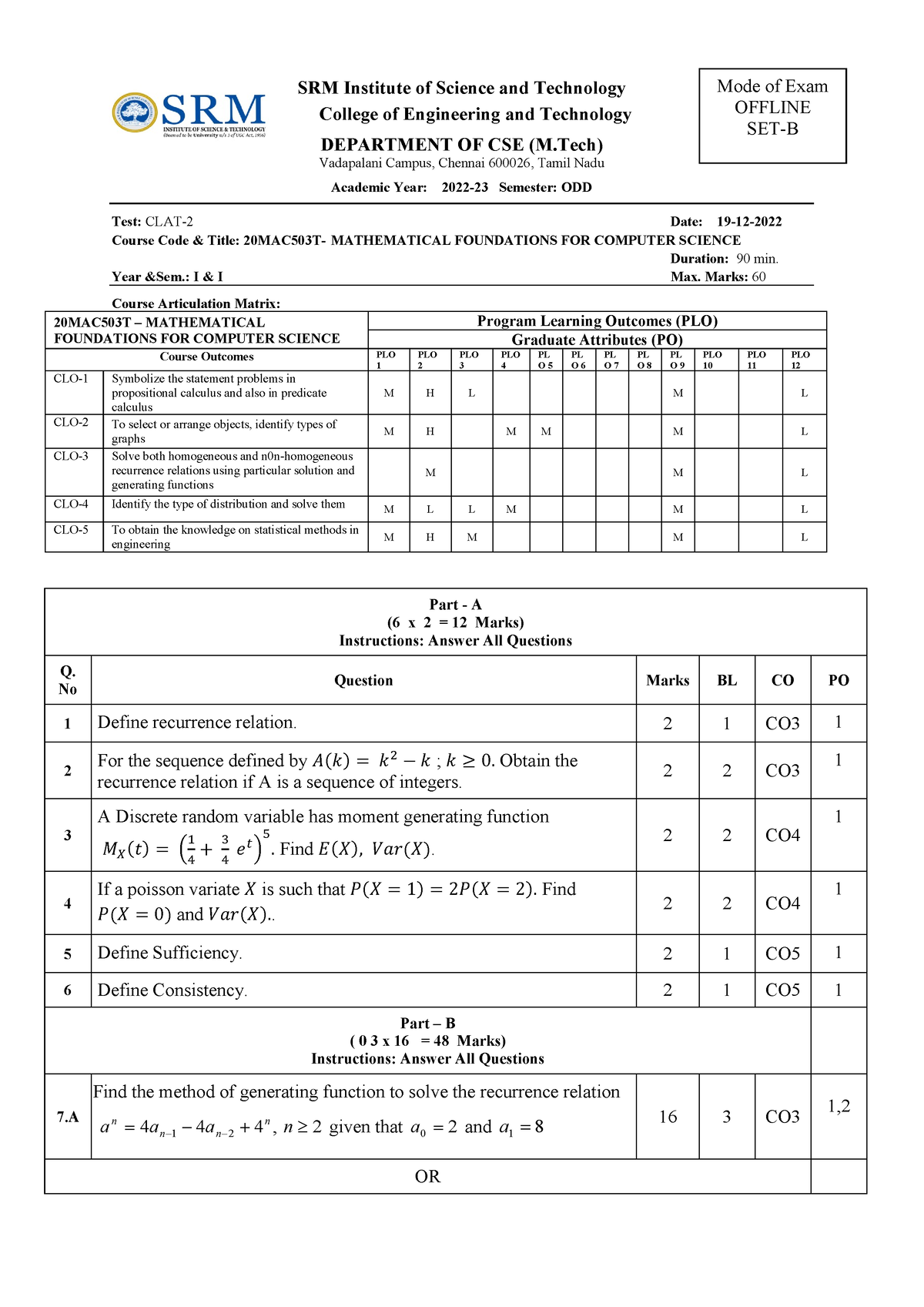 20MAC503 MFCS CT2 SET B QP (M.TECH 2022-2023) - SRM Institute Of ...