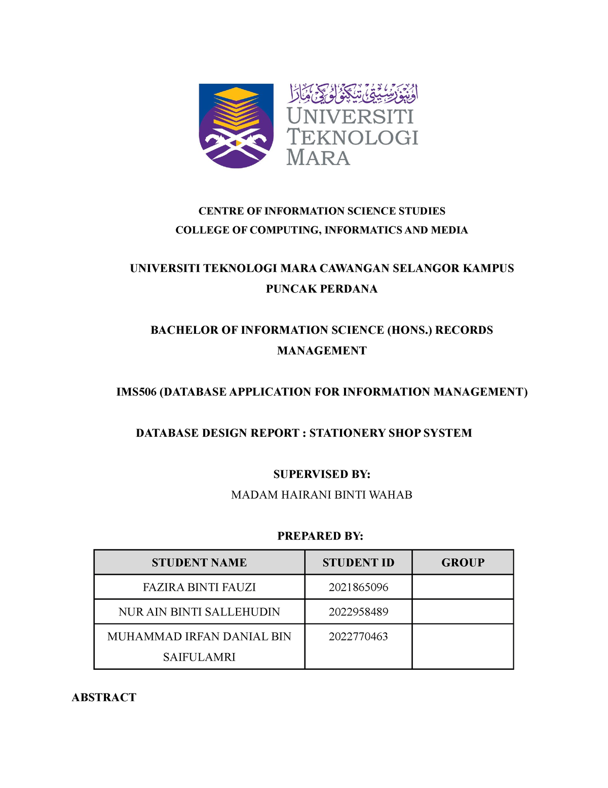 Database Design Report - Decision Theory - UiTM - Studocu