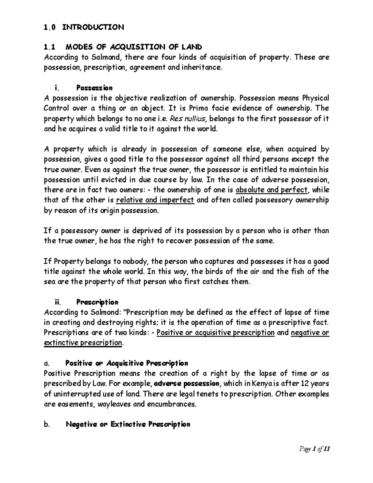 Property Law II Topic 1 1 INTRODUCTION 1 MODES OF ACQUISITION OF LAND According to Salmond