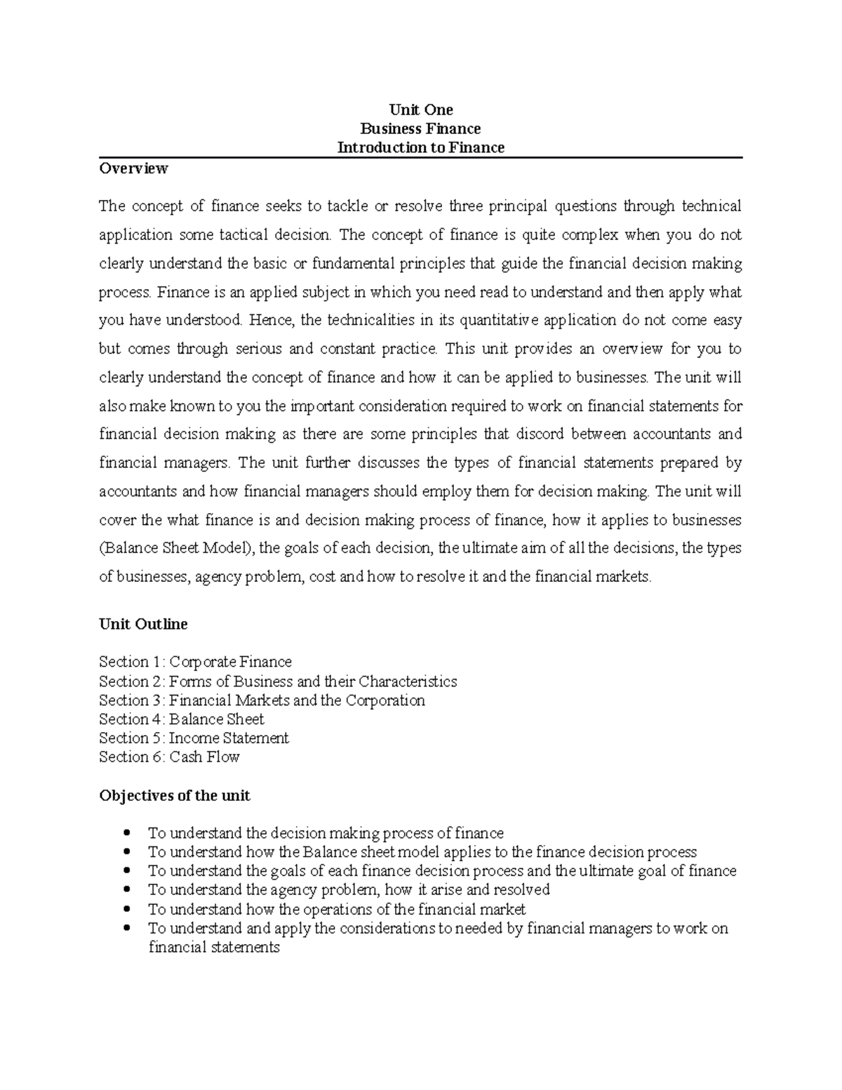 BF-Unit 1 - Lecture notes 1 - Unit One Business Finance Introduction to ...