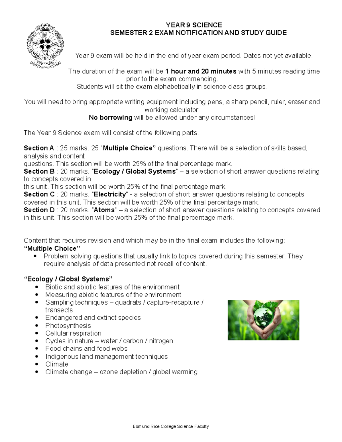 YEAR 9 Science Yearly Study Guide 2018 - YEAR 9 SCIENCE SEMESTER 2 EXAM ...