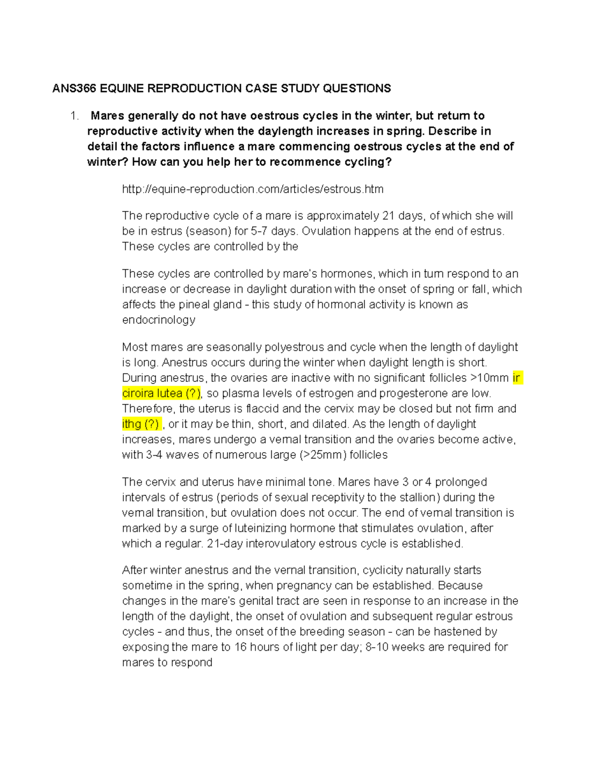ANS366 Equine Reproduction CASE Study Questions ANS366 EQUINE