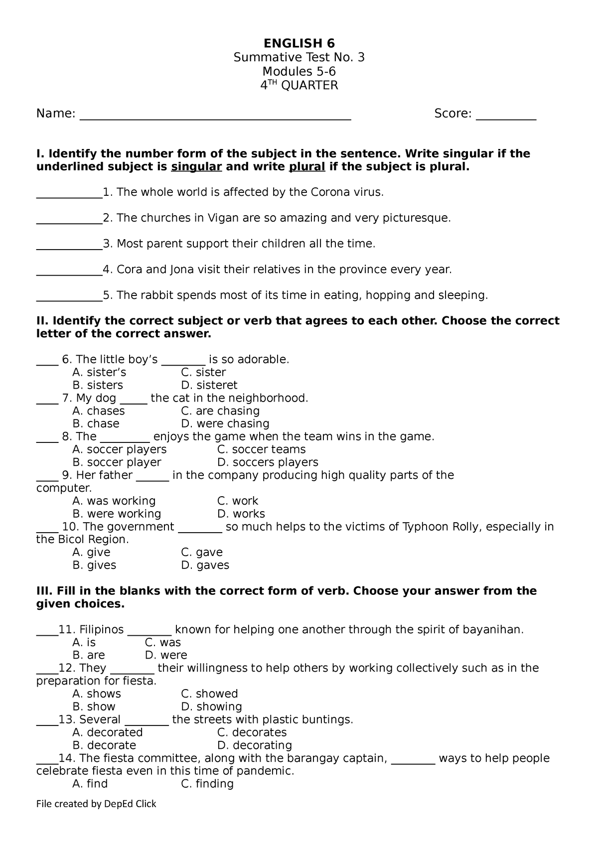 ENG6 ST3 Q4 - Dwfwfvfe - ENGLISH 6 Summative Test No. 3 Modules 5- 4 TH ...