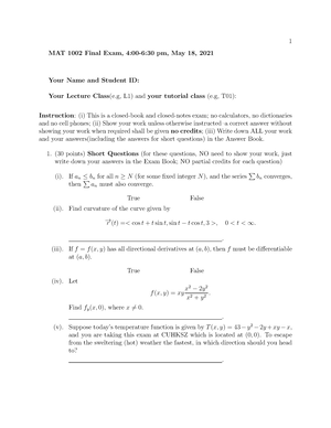 MAT1001 Midterm 2022 - MAT1001 Midterm Examination Saturday, October 29 ...