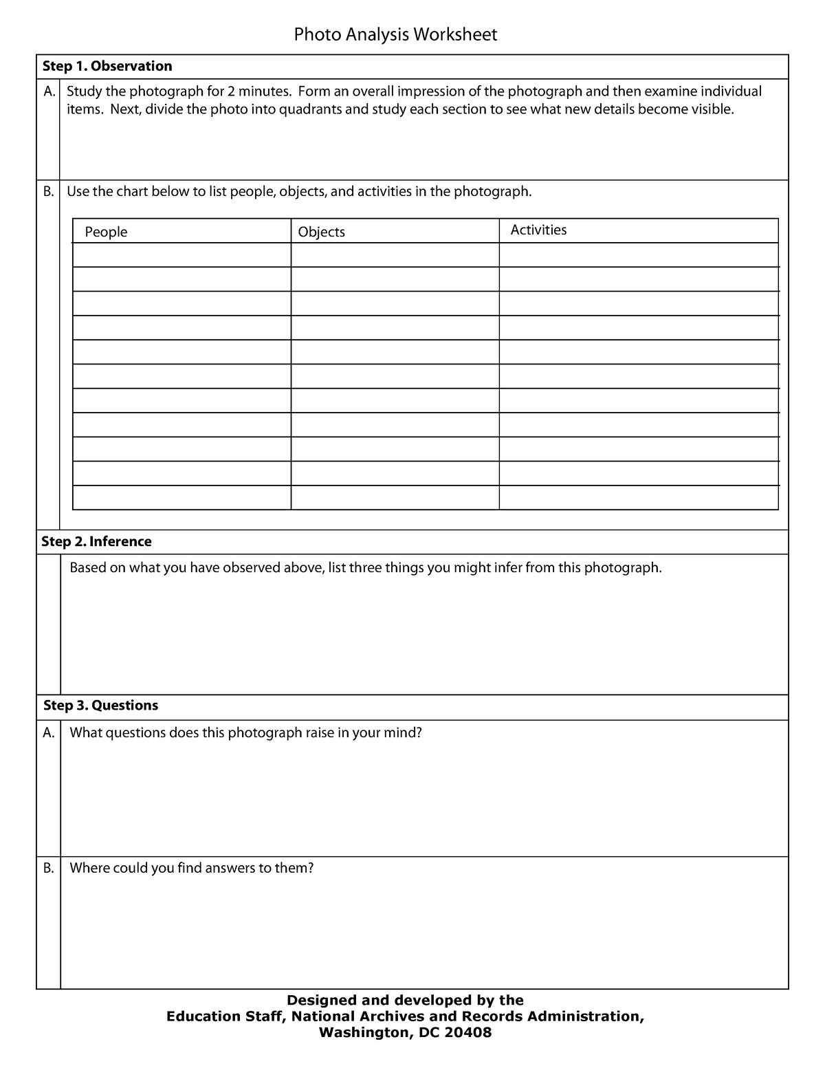 Photo Analysis Worksheet - A. Step 1. Observation Photo Analysis ...