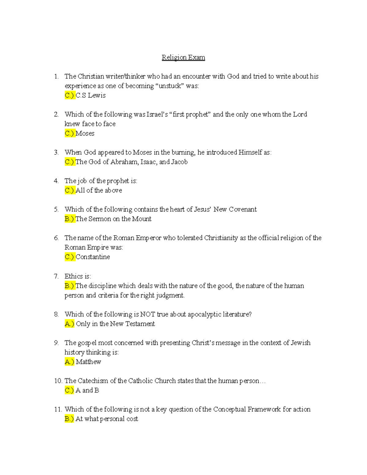 Religion Exam With Answers - Religion Exam The Christian Writer/thinker ...