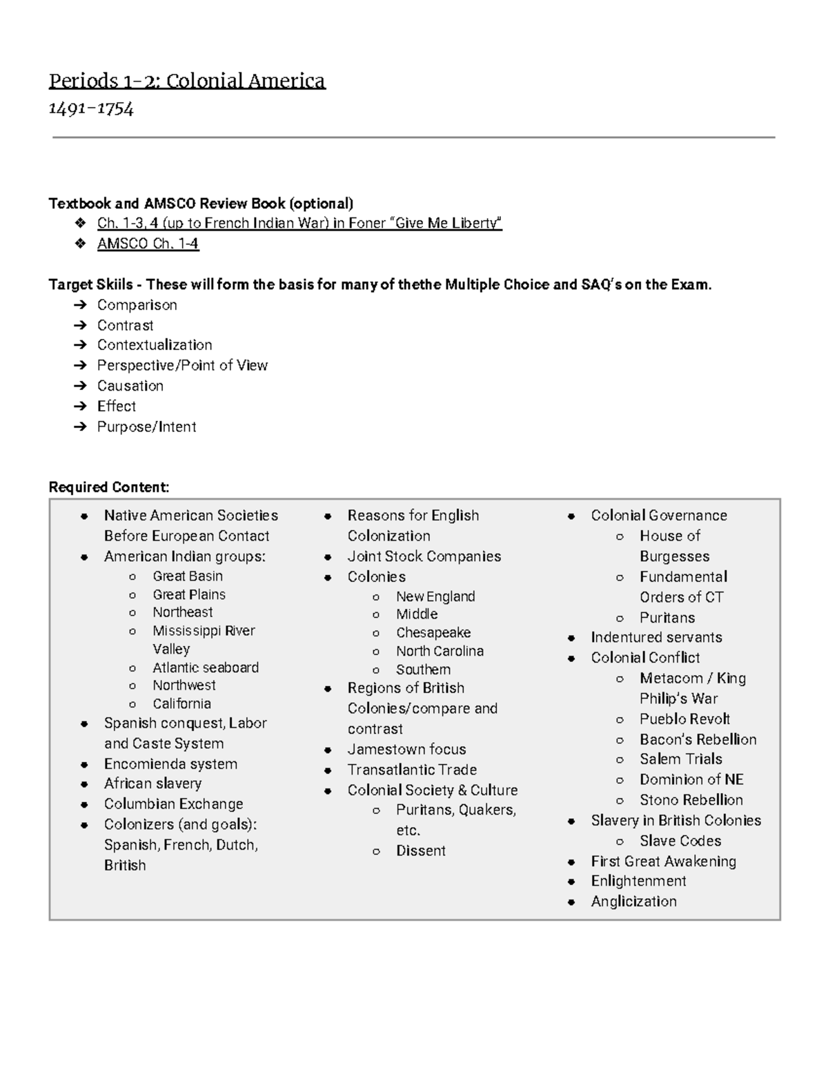 Periods 1 2 Guide (Apush) - Periods ː-ˑ: Colonial America 1˓91-17 ...