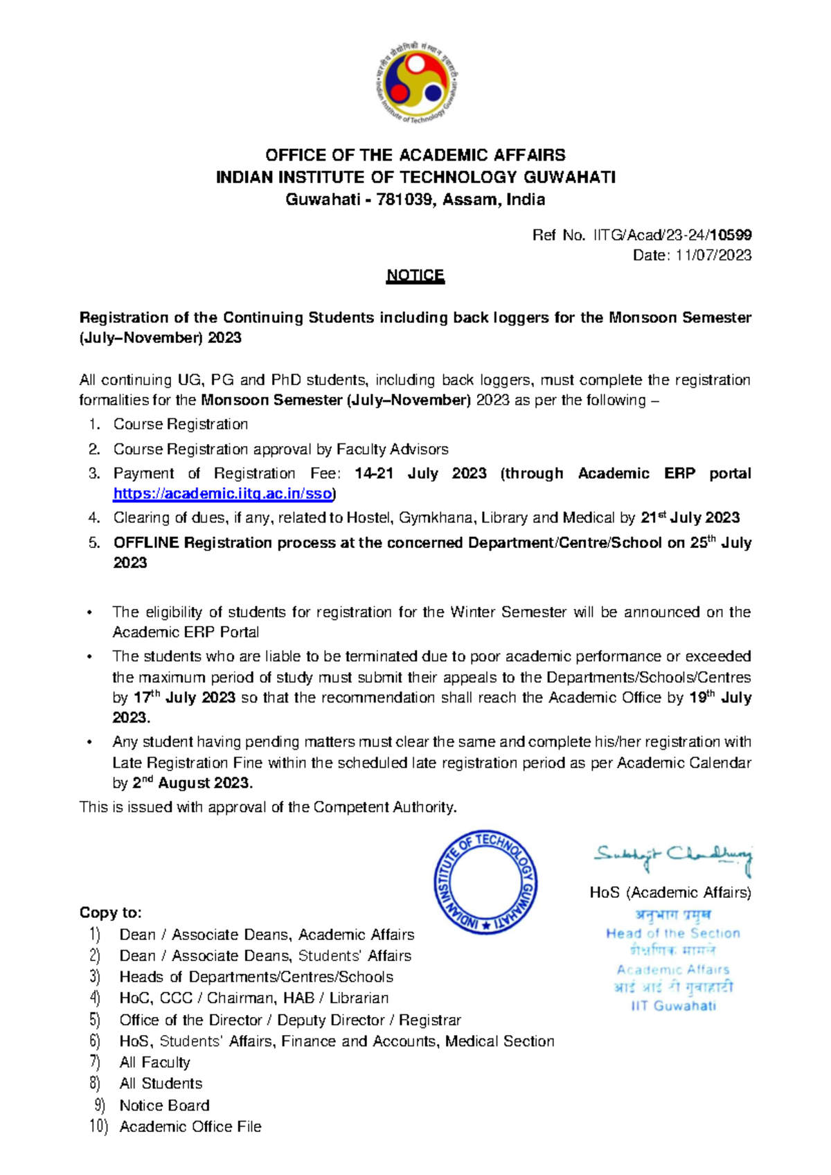 Notice registration winter July Nov 2023 - OFFICE OF THE ACADEMIC ...