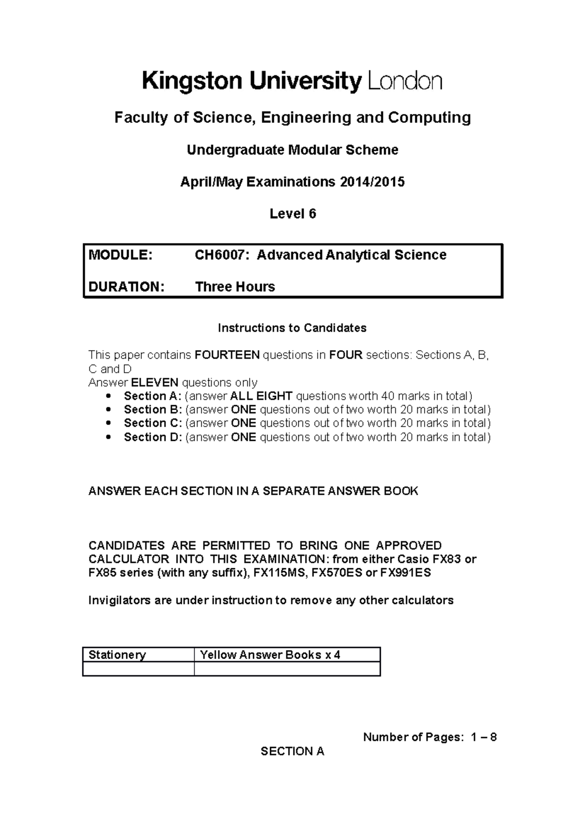 Advanced Analytical Science 2014/15 Faculty of Science, Engineering