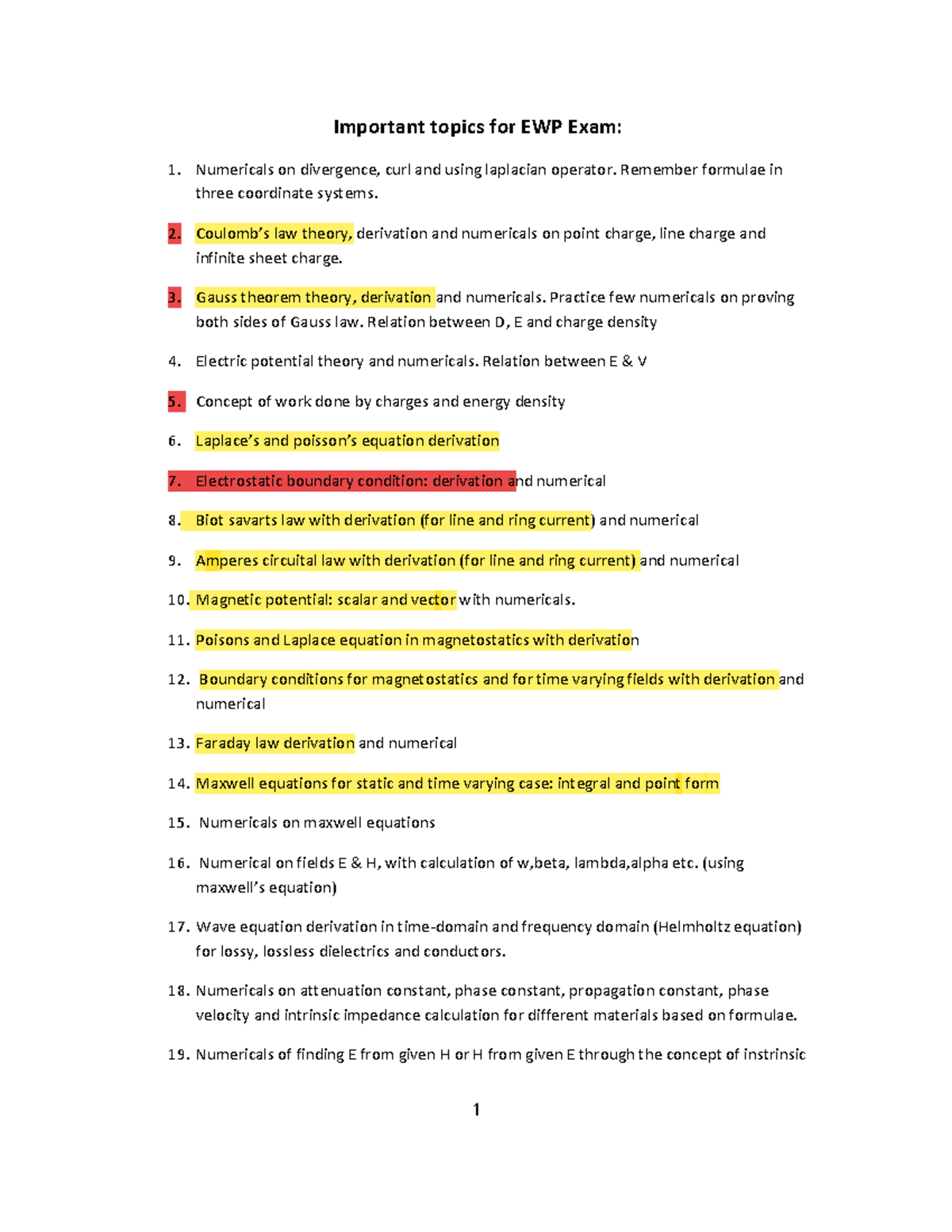 Ewpp - lecture notes - Important topics for EWP Exam: 1. Numericals on ...