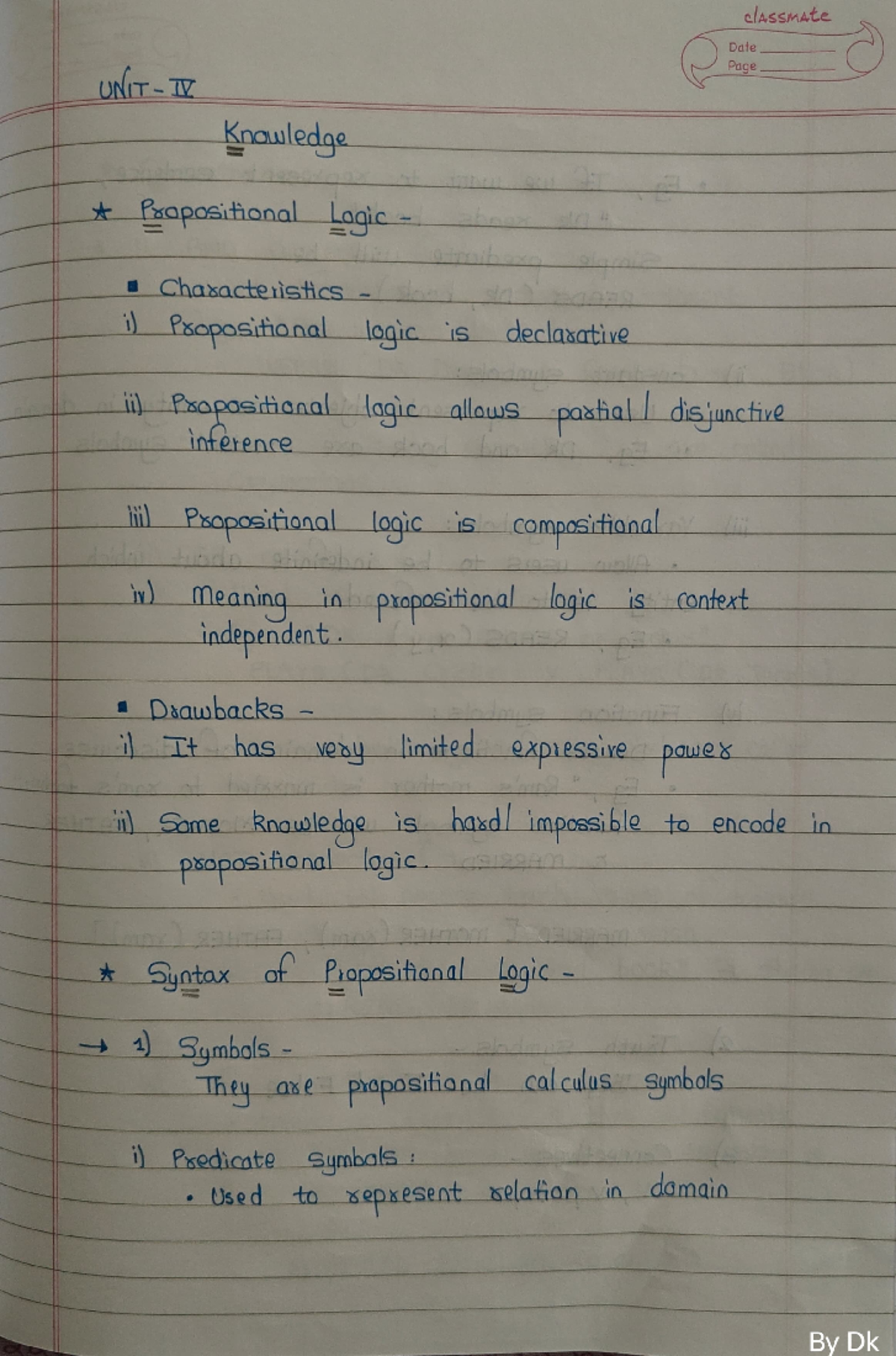 AI Unit 4 notes by Dk🖤 - UNIT-I Knauledge fzapositional Laqic ...