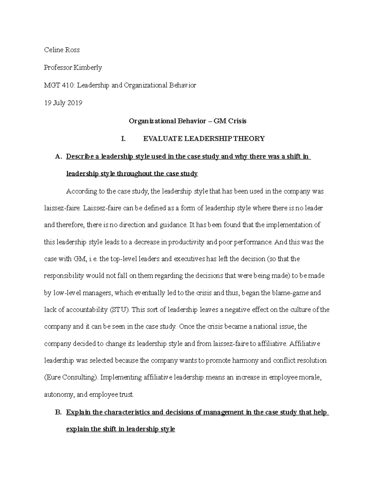 organizational behavior case study assignment pdf