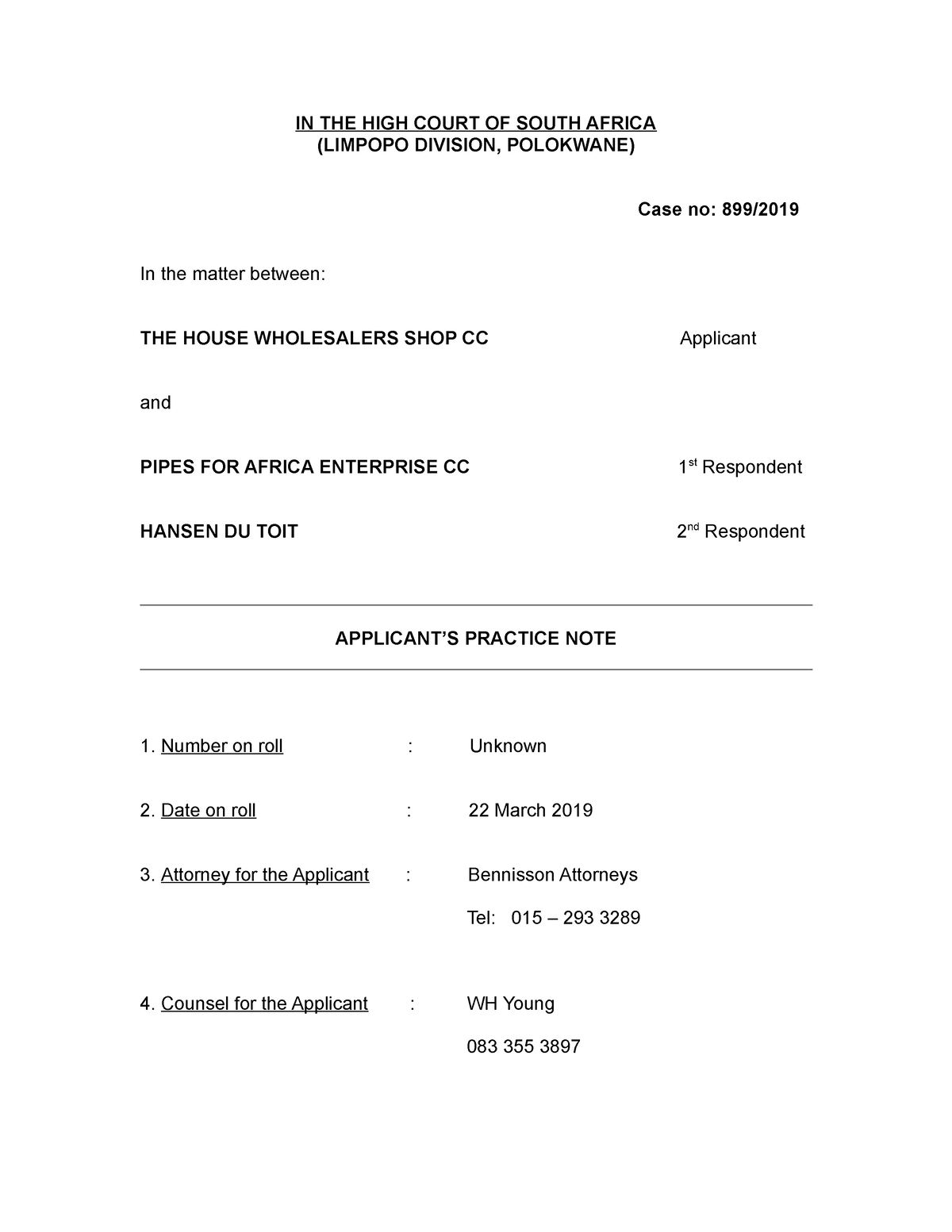 Practice Note (court document) IN THE HIGH COURT OF SOUTH AFRICA