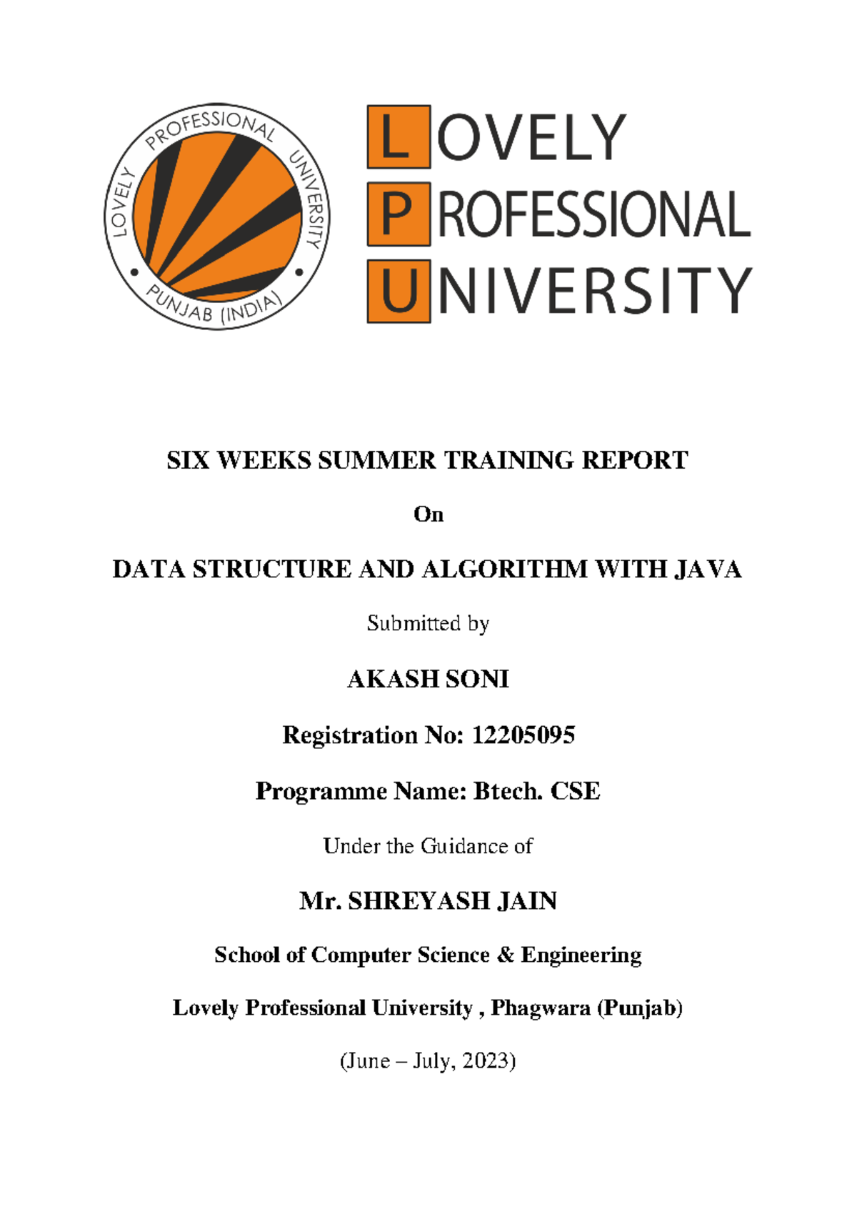 Sumer report SIX WEEKS SUMMER TRAINING REPORT On DATA STRUCTURE AND