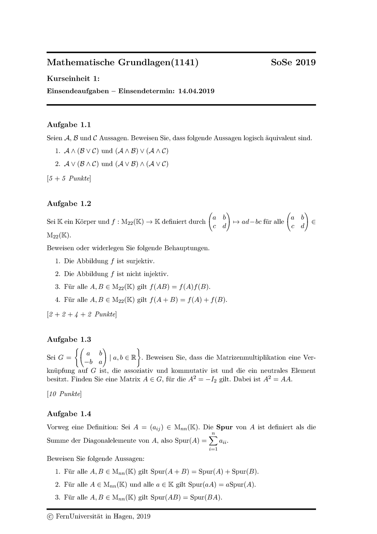 Kurseinheit 1: Einsendeaufgabe - Mathematische Grundlagen(1141) SoSe ...