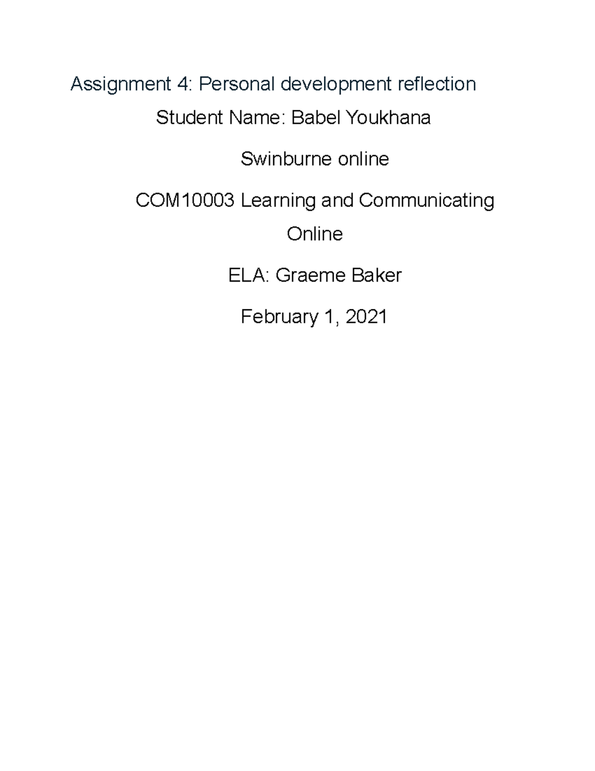 Assignment 4 Personal development reflection- Social science ...