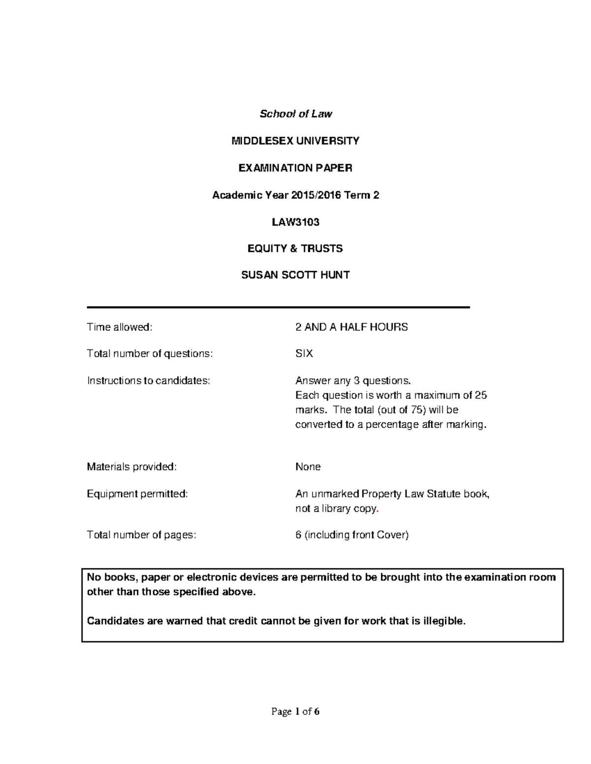 Exam May 2016, questions - School of Law MIDDLESEX UNIVERSITY ...